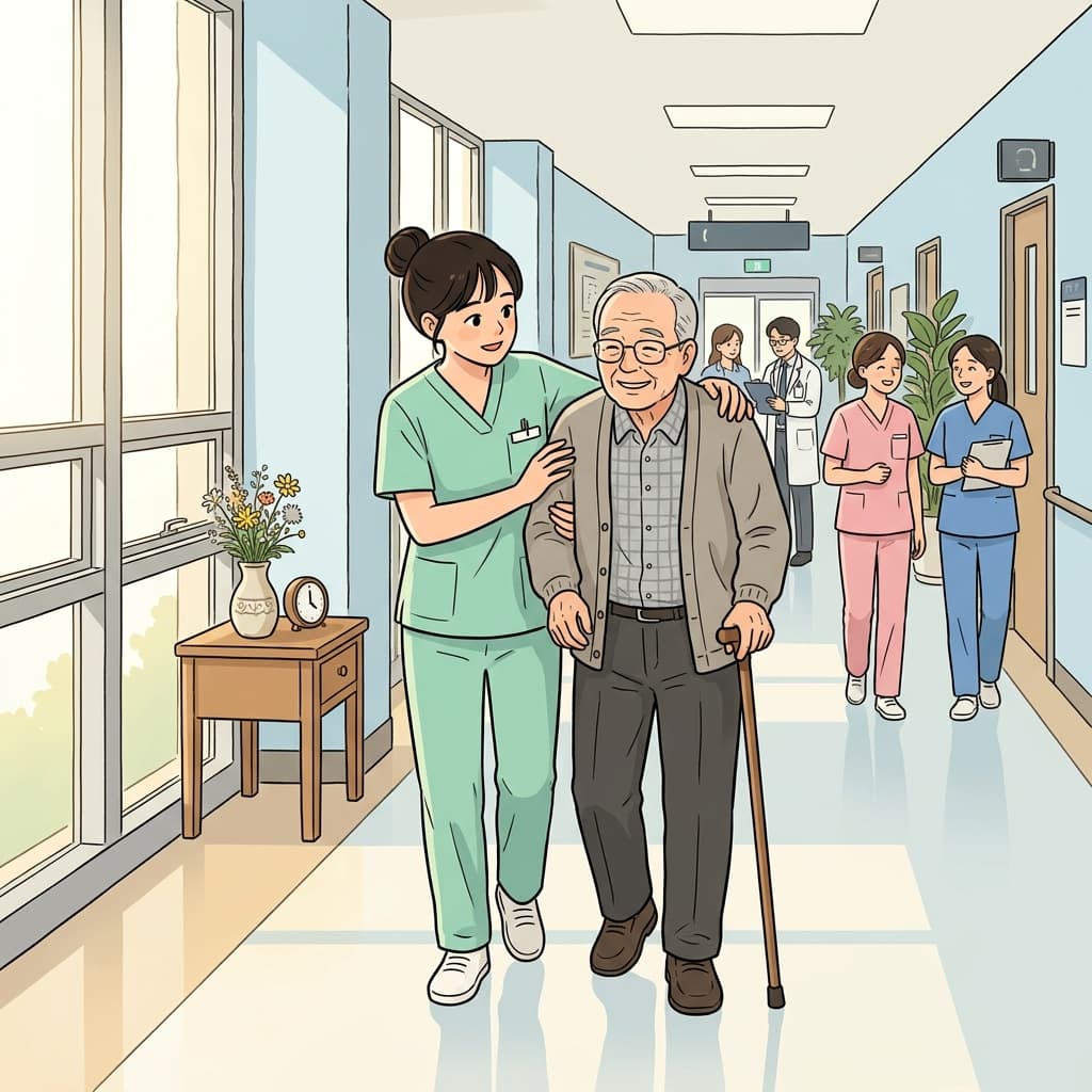 The nurse rushes to assist the elderly patient down the hospital corridor.