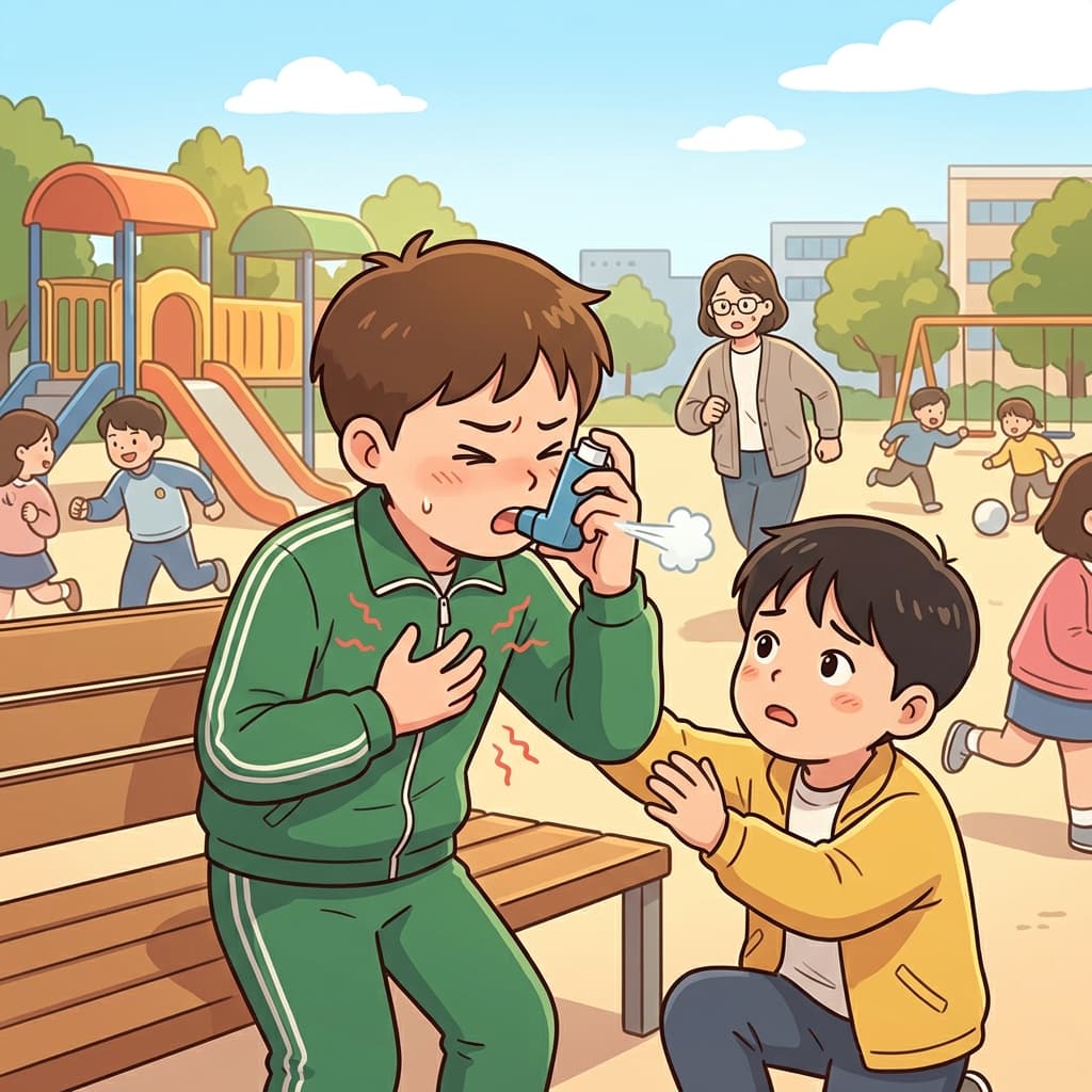 During recess, the boy reaches for his inhaler as an asthma attack tightens his chest.