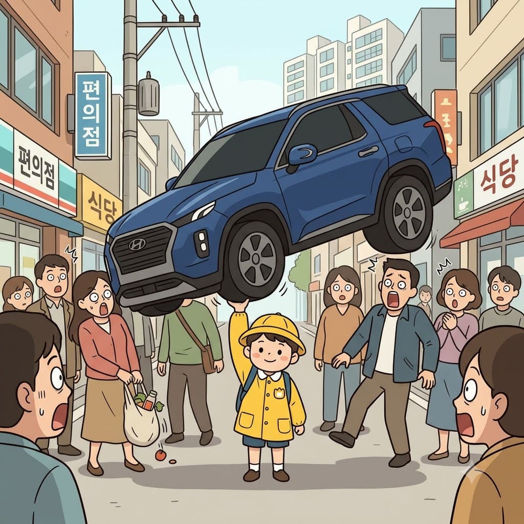 The little boy lifting the huge car filled the crowd with astonishment.