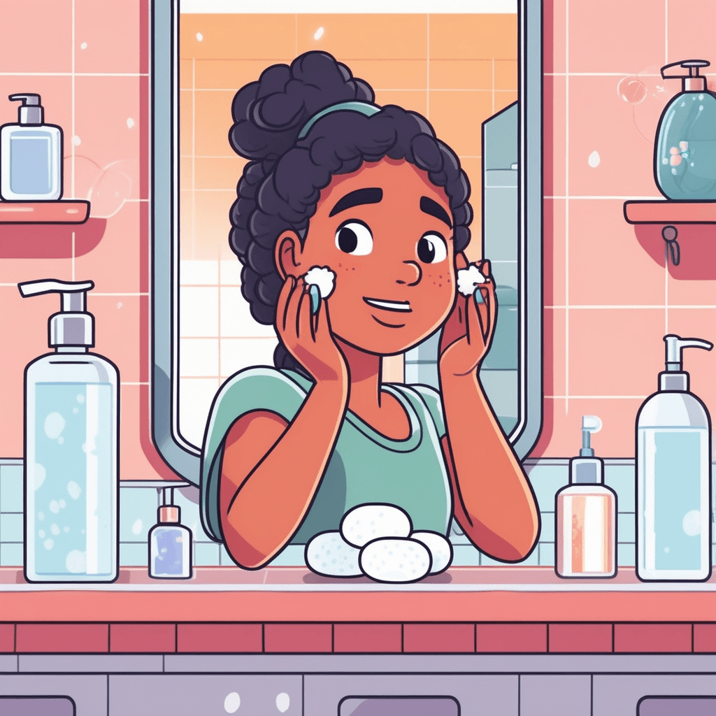 a teenage girl applies astringent toner to her face using a cotton pad, touching her cheek gently. Her facial expression immediately changes as she feels the tightening sensation on her skin. The astringent causes her skin to visibly contract and tighten, making her face appear more taut. Her eyes widen slightly at the intense pulling sensation across her cheeks and forehead. Her mother stands nearby holding the bottle, nodding approvingly at the skincare routine. A small mirror reflects the girl's surprised but satisfied expression as she experiences the skin-tightening effect. the astringent causing contraction of skin cells and tissues