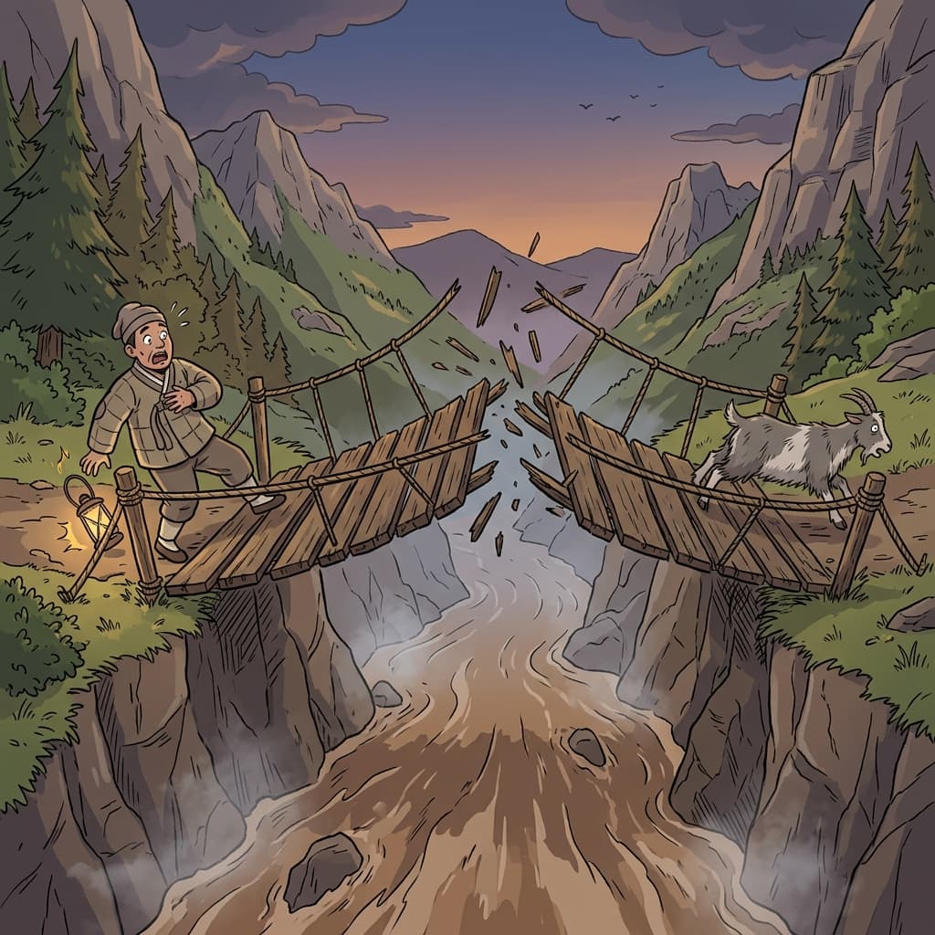 The old wooden bridge was torn asunder by the raging flood.