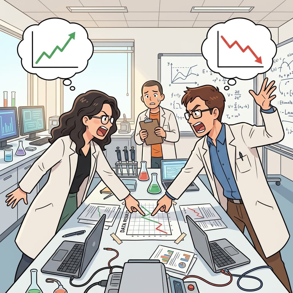 The two scientists are clearly at odds with each other over the experiment results.