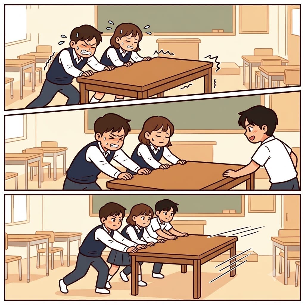 You need at least three people to move the heavy table.