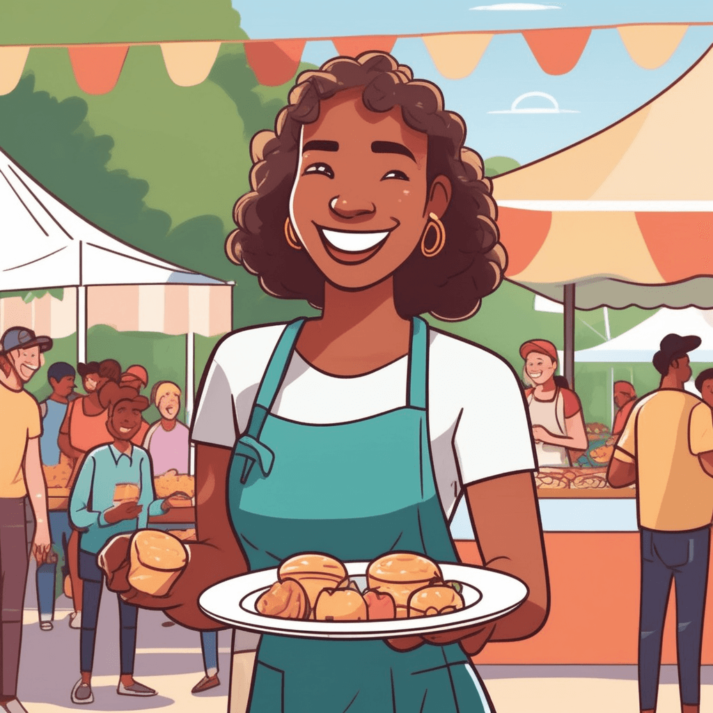 a friendly volunteer extends a plate of delicious food samples toward excited festival visitors. She smiles warmly while offering the treats from behind a colorful booth. The visitors reach out eagerly to take the samples without pulling out wallets or money. Their faces light up with joy as they realize they can enjoy the food without paying anything. Other festival-goers nearby notice the free offering and start walking over with interest. A small child tugs on his parent's sleeve pointing excitedly at the free treats. people receiving food at no cost, without any payment or charge