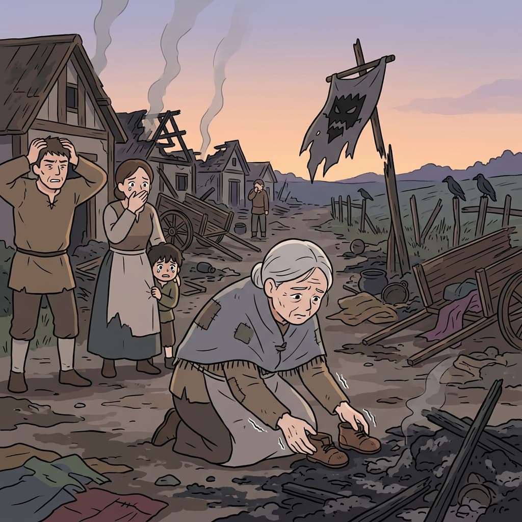Villagers discover the atrocity left behind after the raid burned their homes.