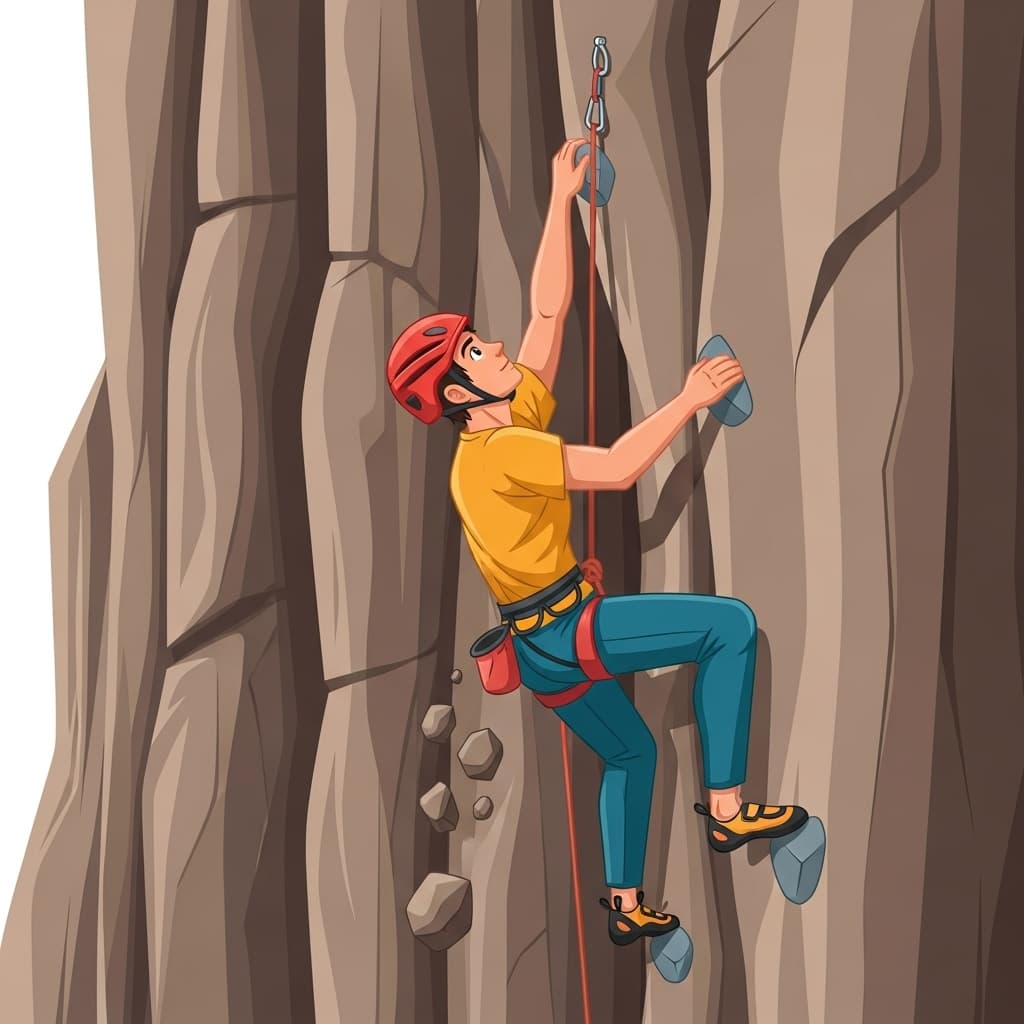 A climber attempts to reach the top of a steep rock wall.