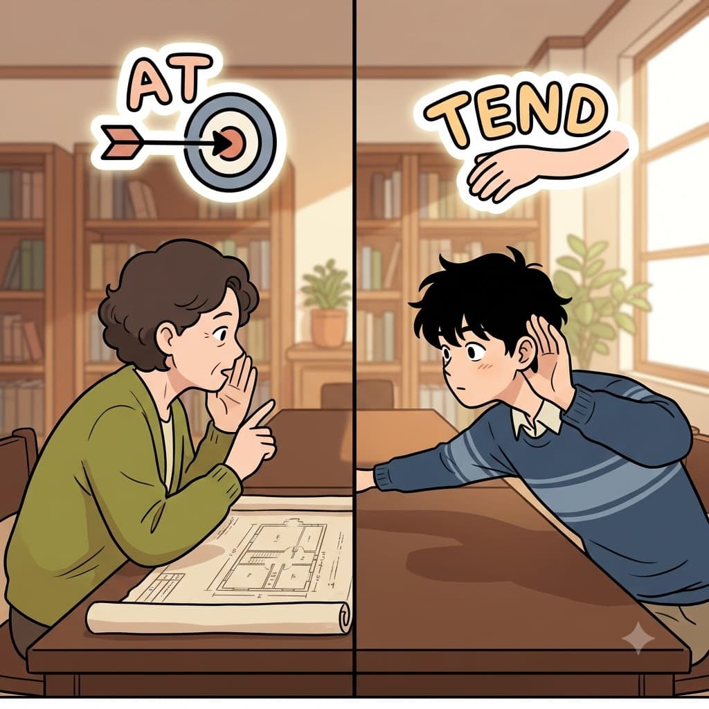 AT (toward) + TEND (stretch out) — by choosing to TEND (stretch) his head AT (toward) the speaker, the listener proved he was truly attentive.