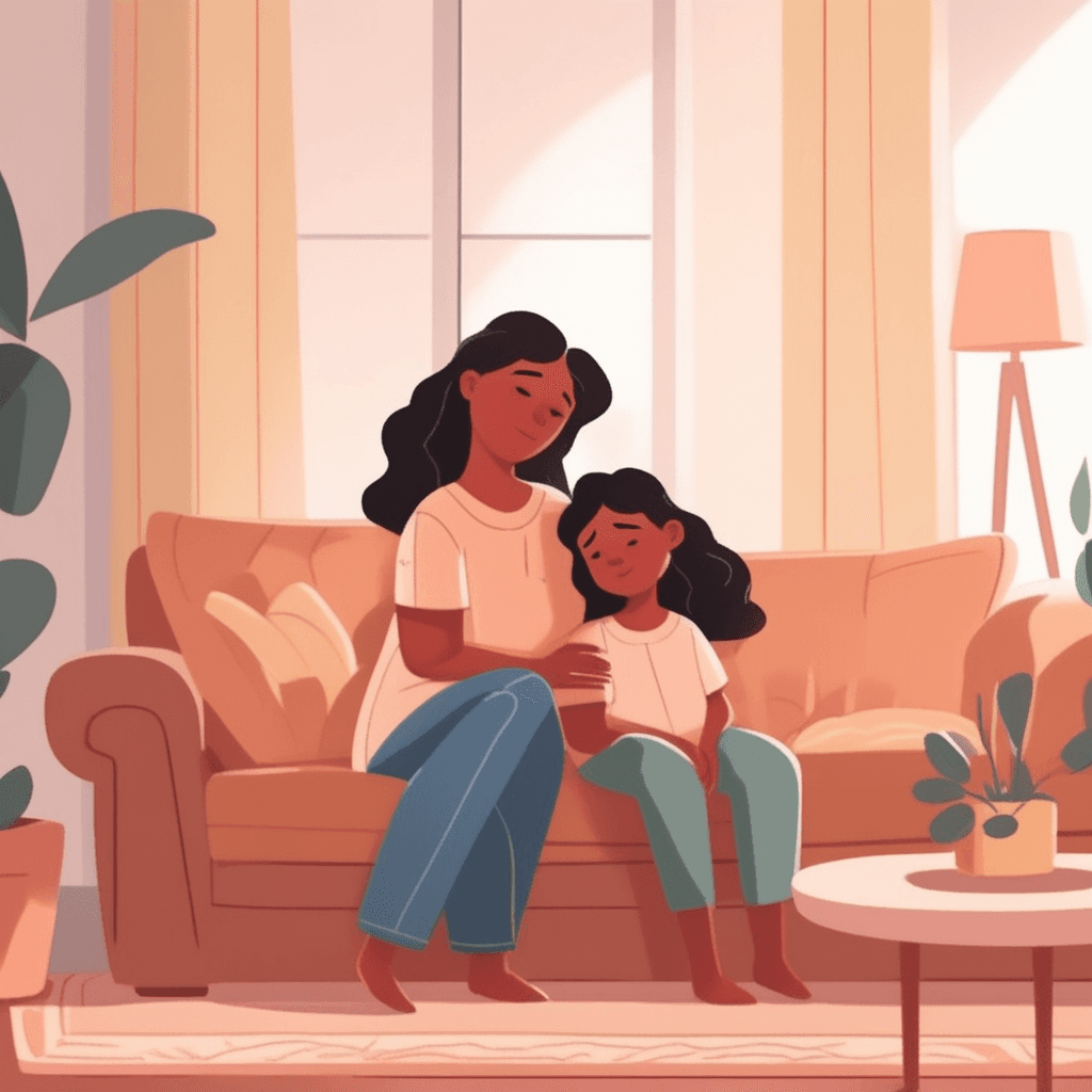 a mother sits on a soft couch and gently places her hand on her daughter's shoulder. She leans in with a caring expression as she notices her daughter looking sad. The daughter's body language shows she's upset about something, with slightly drooped shoulders and a downcast gaze. The mother's facial expression mirrors concern and understanding as she responds to her daughter's emotional state. Other family members in the background pause their activities and turn their attention toward the tender moment. The scene clearly shows someone being attuned to another person's feelings and responding with empathy