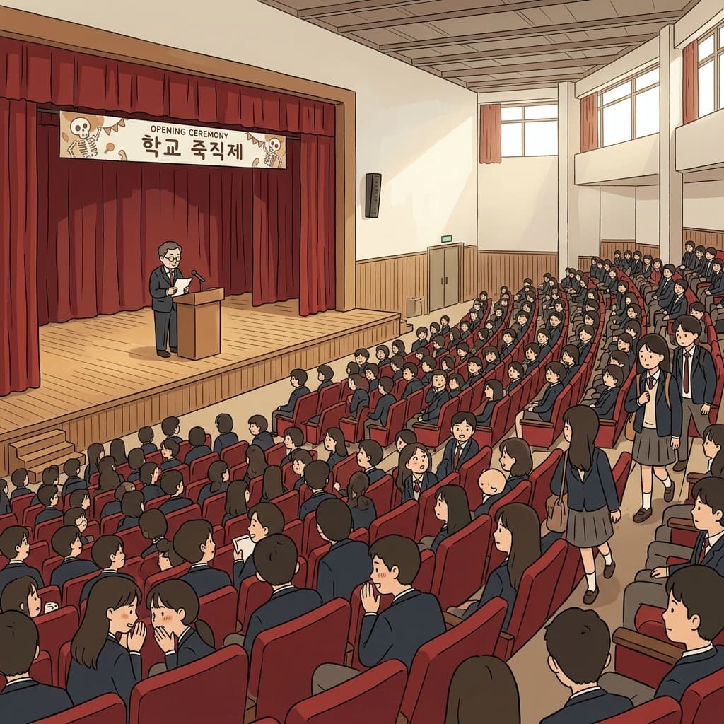 Students fill the auditorium for the principal's opening speech.