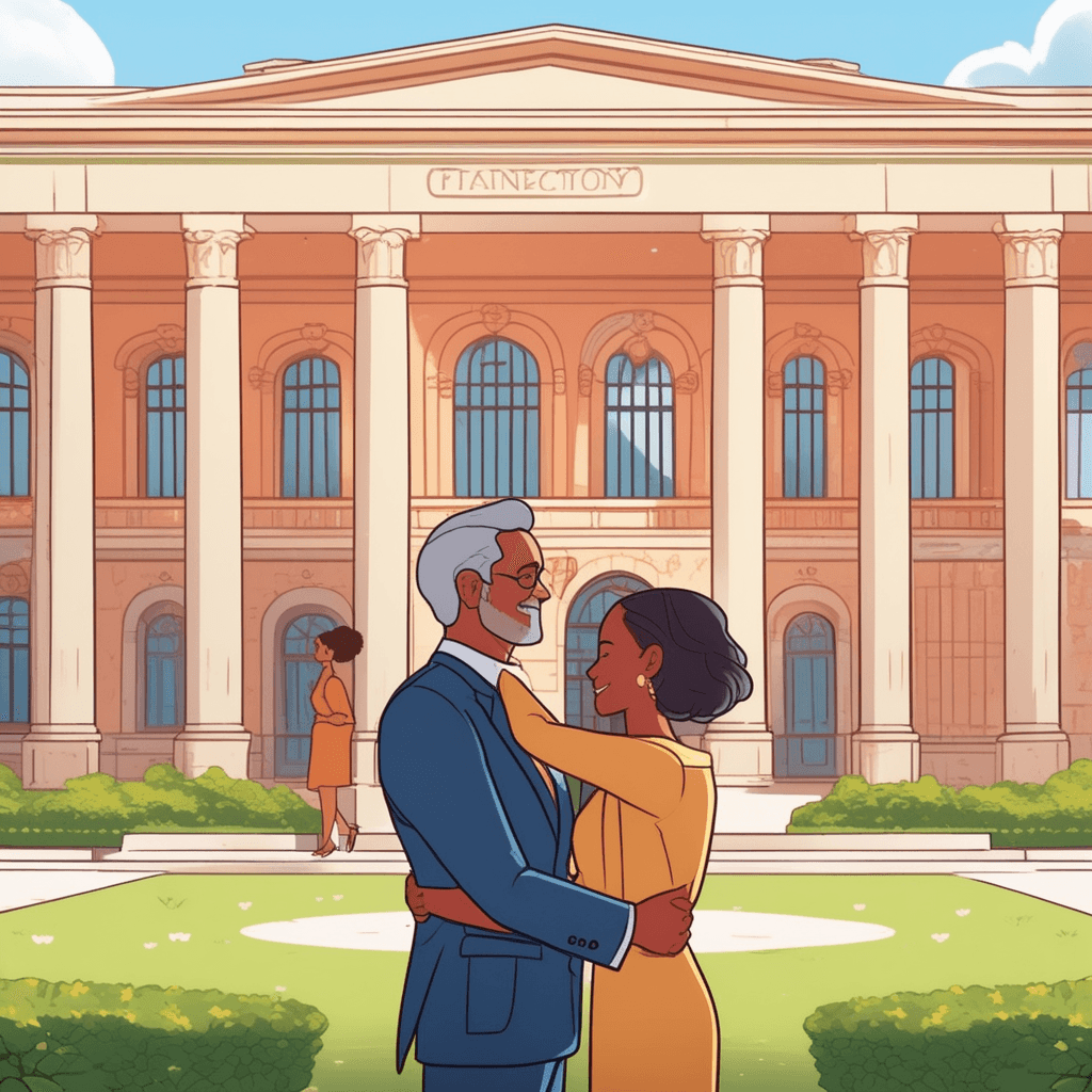 a distinguished elderly businessman in an elegant suit places his hand on a young student's shoulder while handing her a scholarship certificate. The student looks up with gratitude and relief as she receives this life-changing support. Behind them, a magnificent university building with columns displays banners celebrating the benefactor's generous donations. Other students and faculty members gather around, applauding and showing respect for the patron's generosity. The scene buzzes with appreciation for his continued support of education. protection and support being provided by a powerful and influential person