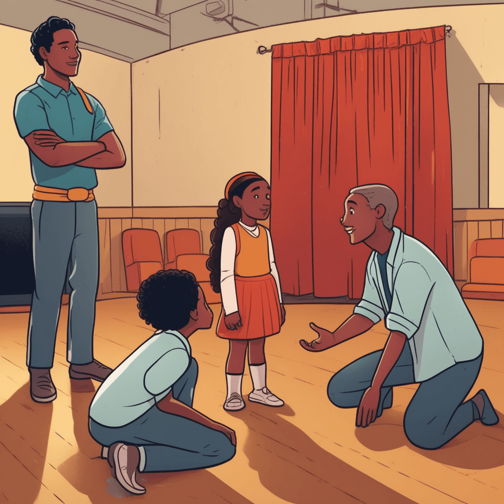 an experienced theater director kneels down to adjust a young actor's costume while offering encouraging words. The director's gentle hands straighten the child's cape as other young performers gather around nervously. Under the director's caring guidance, the children's worried expressions transform into confident smiles. The nervous energy shifts to excitement as they prepare to go on stage. Other adult volunteers arrange props and costumes in the background, creating a supportive environment. protection, support, and favorable guidance being provided to help others succeed