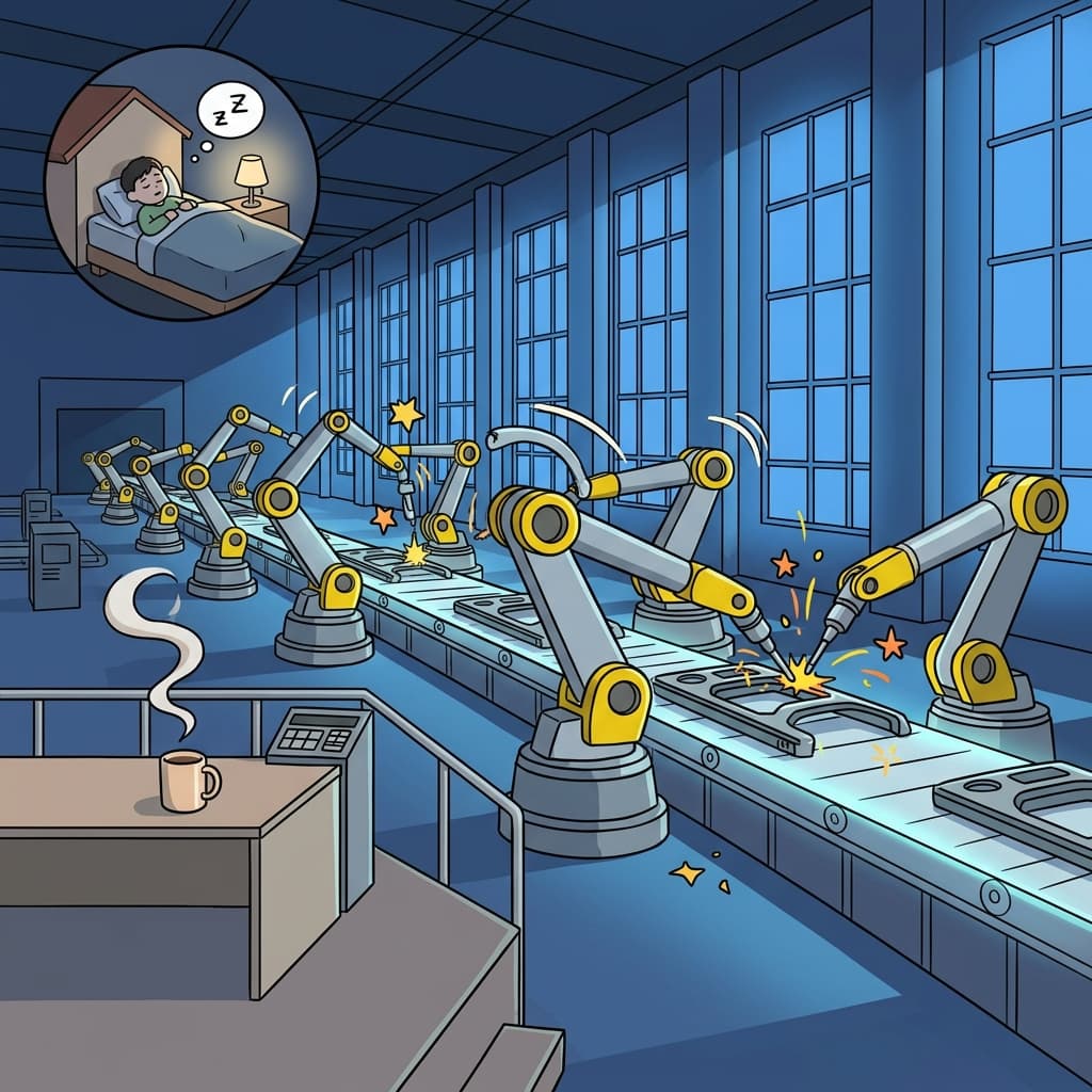 The automated factory runs all night while humans sleep peacefully at home.