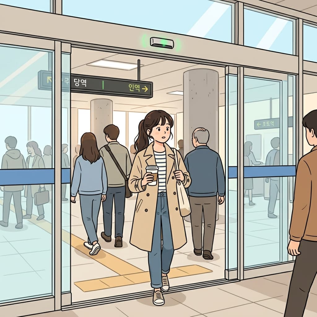 The sliding doors open automatically as she walks toward the station.