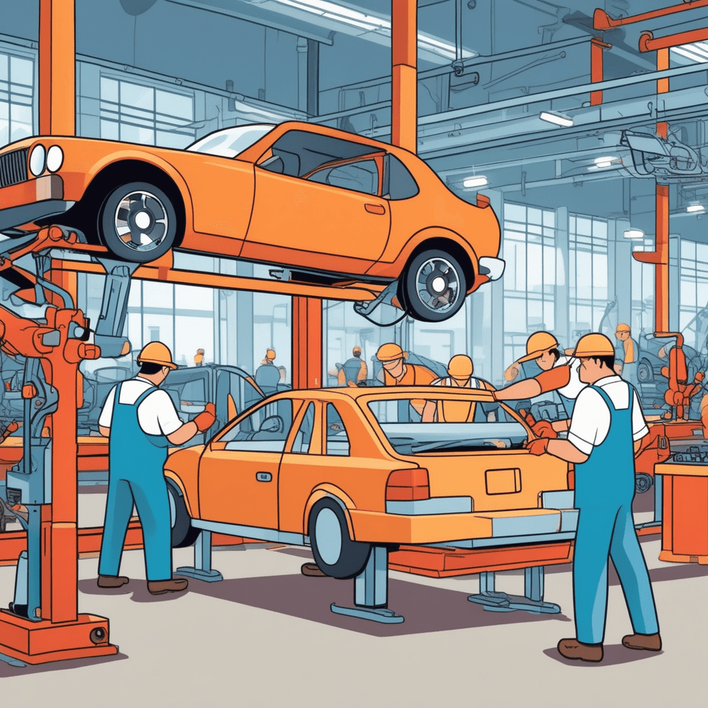 a skilled factory worker carefully installs an engine into a partially assembled car chassis on the assembly line. Another worker nearby attaches wheels to the vehicle frame with precision tools. The completed engine fits perfectly into place as the car takes shape around it. The assembly line moves the vehicle forward to the next station where more components will be added. Other workers in the background operate machinery and carry automotive parts like bumpers and headlights. Additional partially built cars move along the conveyor system in various stages of completion. the motor vehicle industry and everything relating to automobile manufacturing