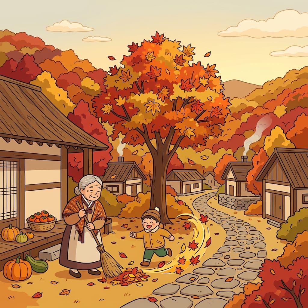 Autumn paints the village in red and gold as leaves drift down quietly.