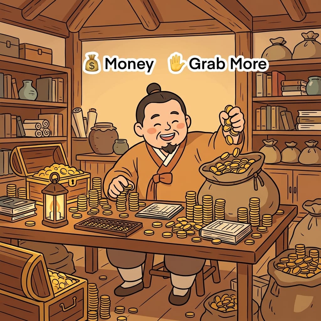 The merchant's avarice grew as he counted every gold coin. (💰 Money + 🫴 Grab More → Avarice)