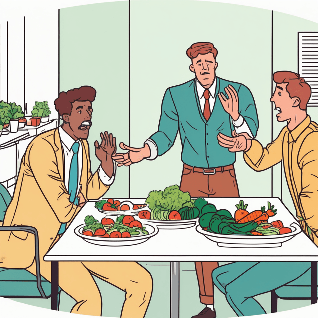 A averse man pushes away vegetables with disgust in the office break room