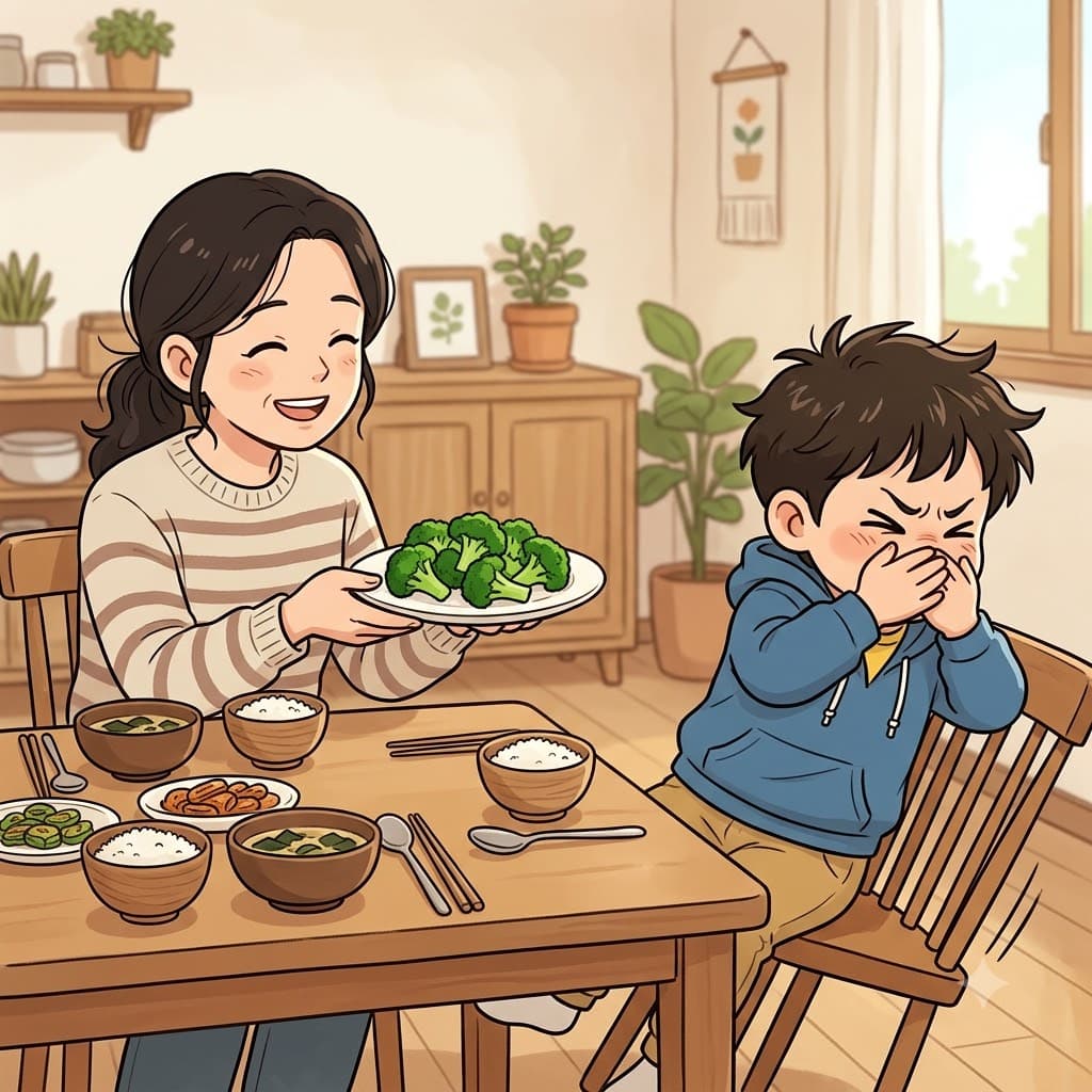 The little boy pushed the plate away, showing a clear aversion to the green broccoli.