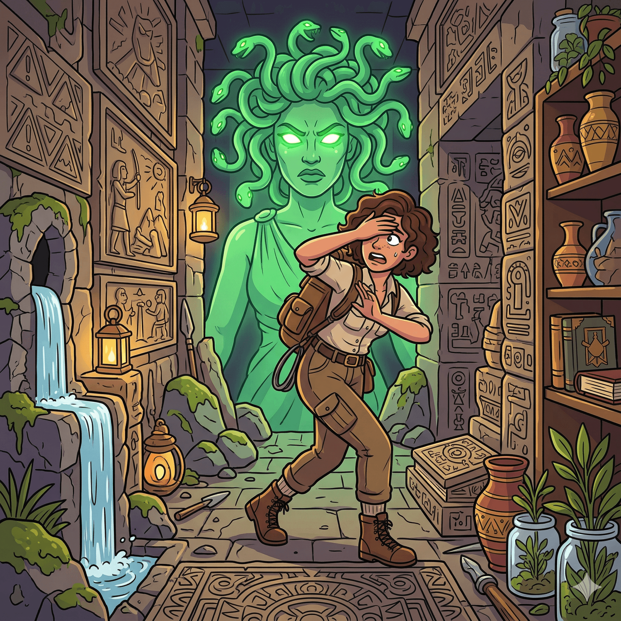 An explorer averts her gaze as a glowing Gorgon statue catches her eye.