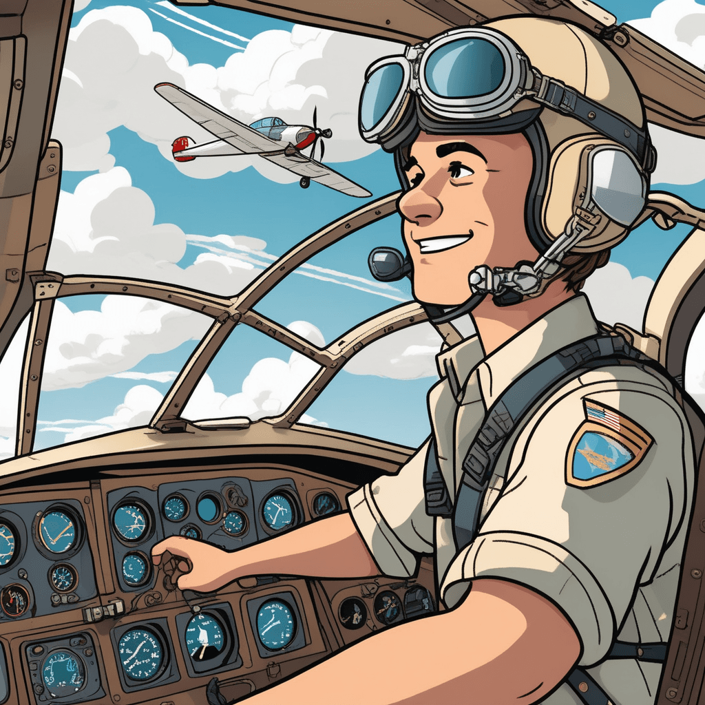 a confident aviator grips the control yoke with both hands while scanning the instrument panel. The aviator wears classic flight goggles and a leather jacket as wind flows through the open cockpit. The airplane banks smoothly to the left as the aviator adjusts the controls with expert precision. Fluffy clouds rush past the wings while the ground appears far below through gaps in the cloud cover. A co-pilot in the passenger seat points excitedly at landmarks visible through the clouds. a person who pilots an aircraft in skilled control of their plane