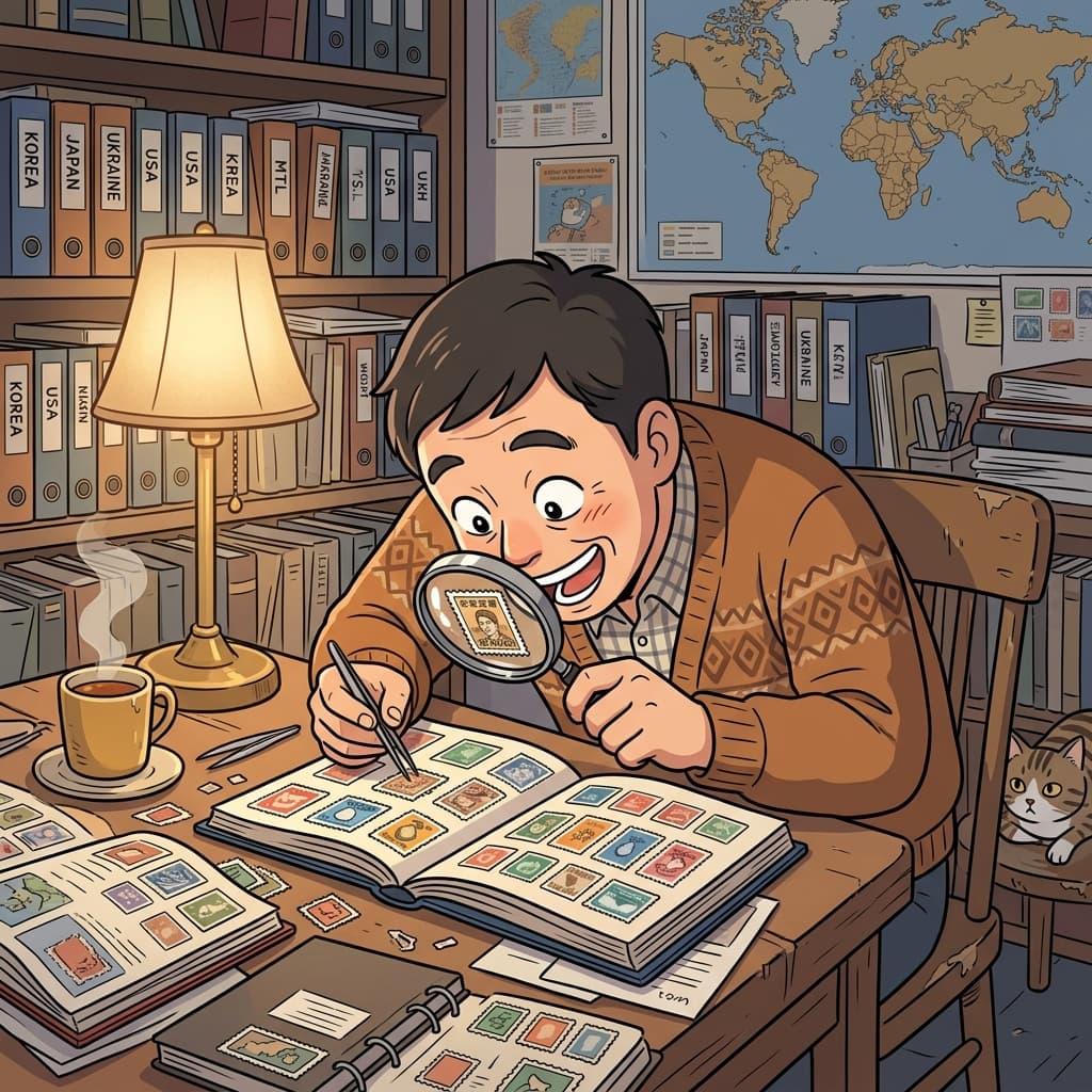 An avid stamp collector studies his rarest find under a magnifying glass.