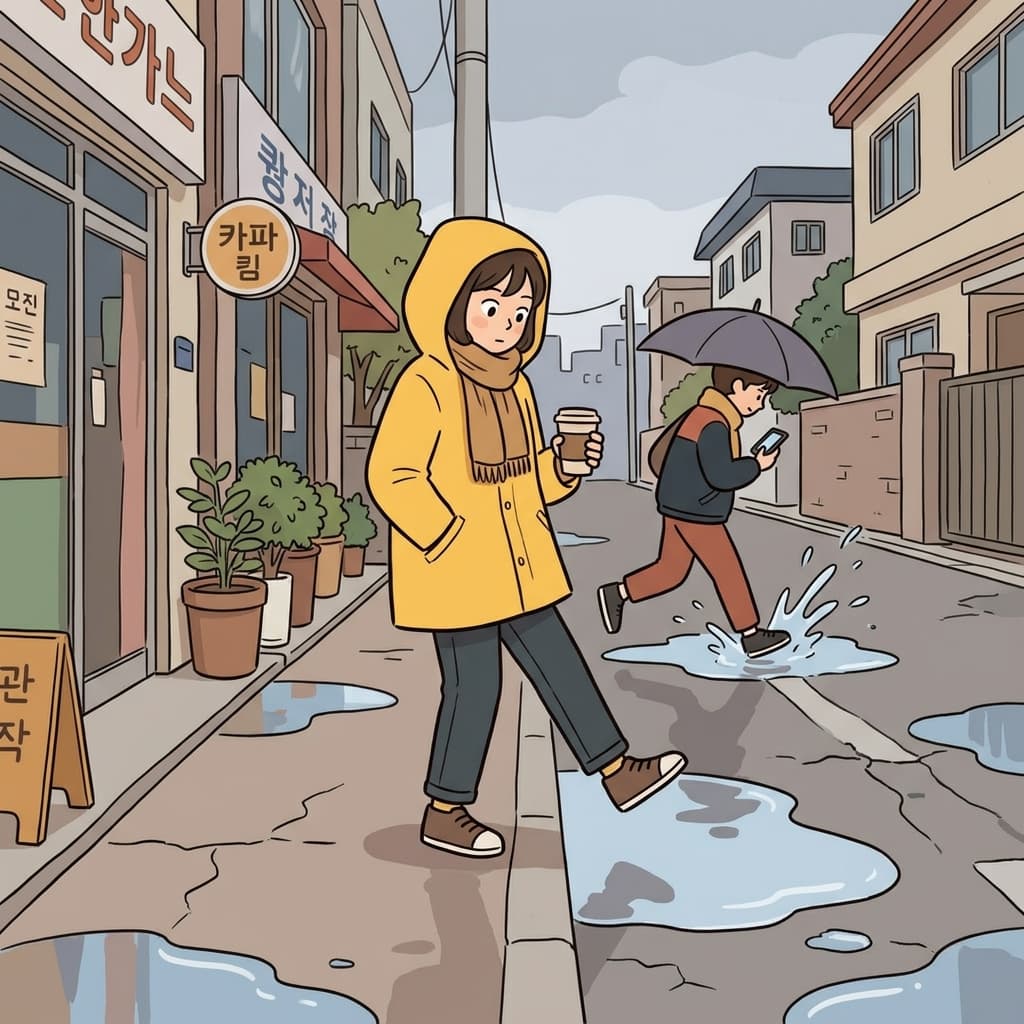 She is aware of the puddle ahead and steps carefully around it.