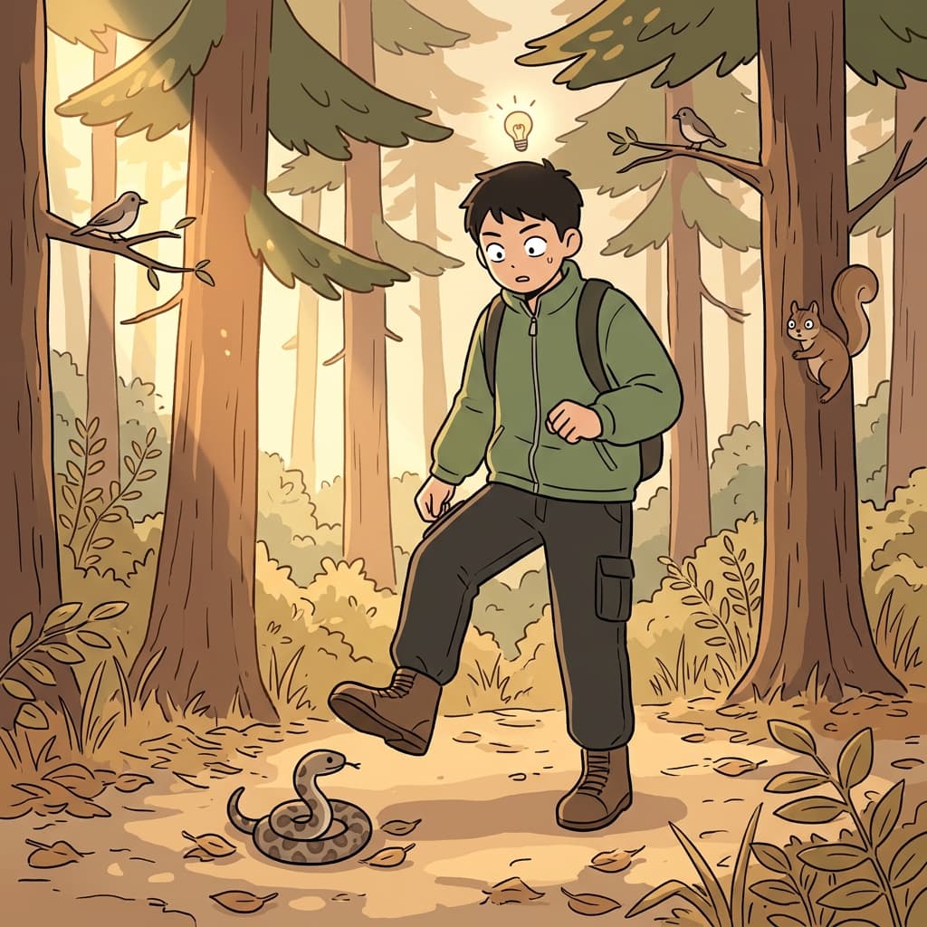 A hiker stops mid-step, suddenly aware of a snake — that quiet awareness saves him.