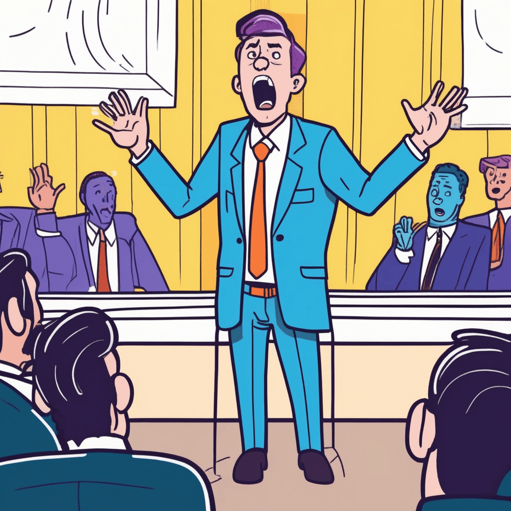 He gestures awkwardly while speaking broadly!