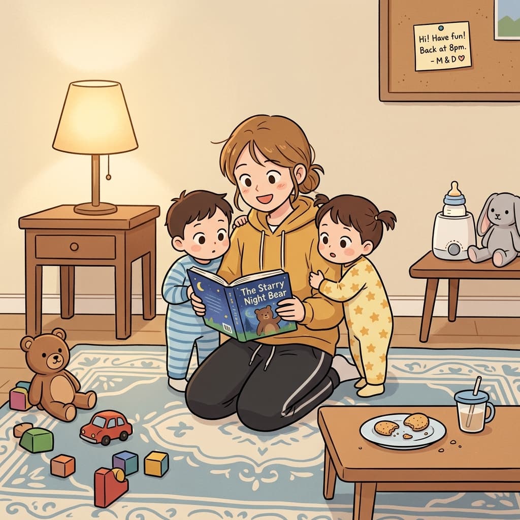 She babysits the neighbor's twins while their parents enjoy a date night.