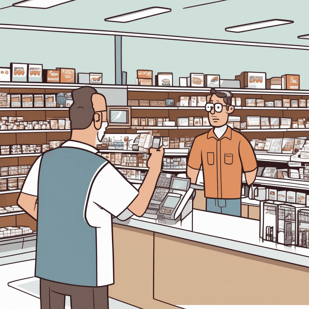a store clerk points apologetically at empty shelves behind the counter while holding a clipboard. A disappointed customer stands across from the clerk looking at the vacant display area. The clerk writes down the customer's information on the clipboard to record their request. The empty shelves show where popular items should be displayed but are completely bare. Other customers in the background also wait hopefully while pointing at vacant spots on shelves. an order being taken for goods that are temporarily out of stock and will be supplied when available