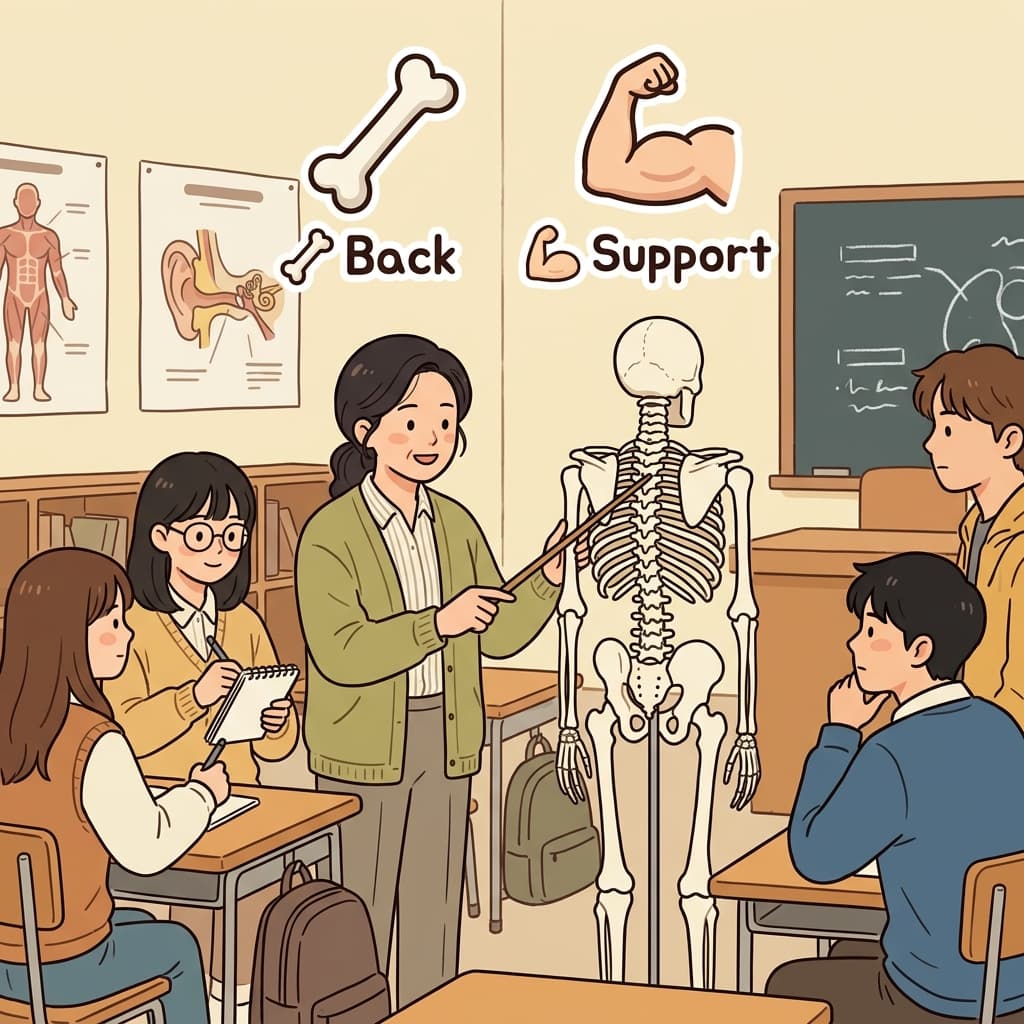The backbone supports the entire body. (🦴 Back + 💪 Support → Backbone)