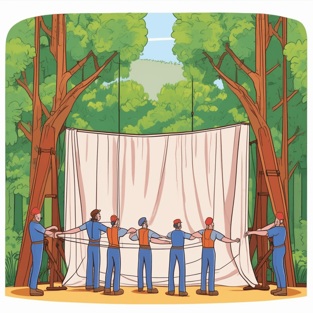 two stage crew members carefully unfold and hang a large painted cloth showing a forest scene. They stretch the fabric across the back wall of the stage while actors practice their lines in front. The painted cloth transforms the empty stage into a magical woodland setting. As the backdrop is positioned, the entire theater space comes alive with the story's atmosphere. Other crew members adjust lighting to complement the scenic cloth. a painted cloth hung at the back of a theatre stage as part of the scenery