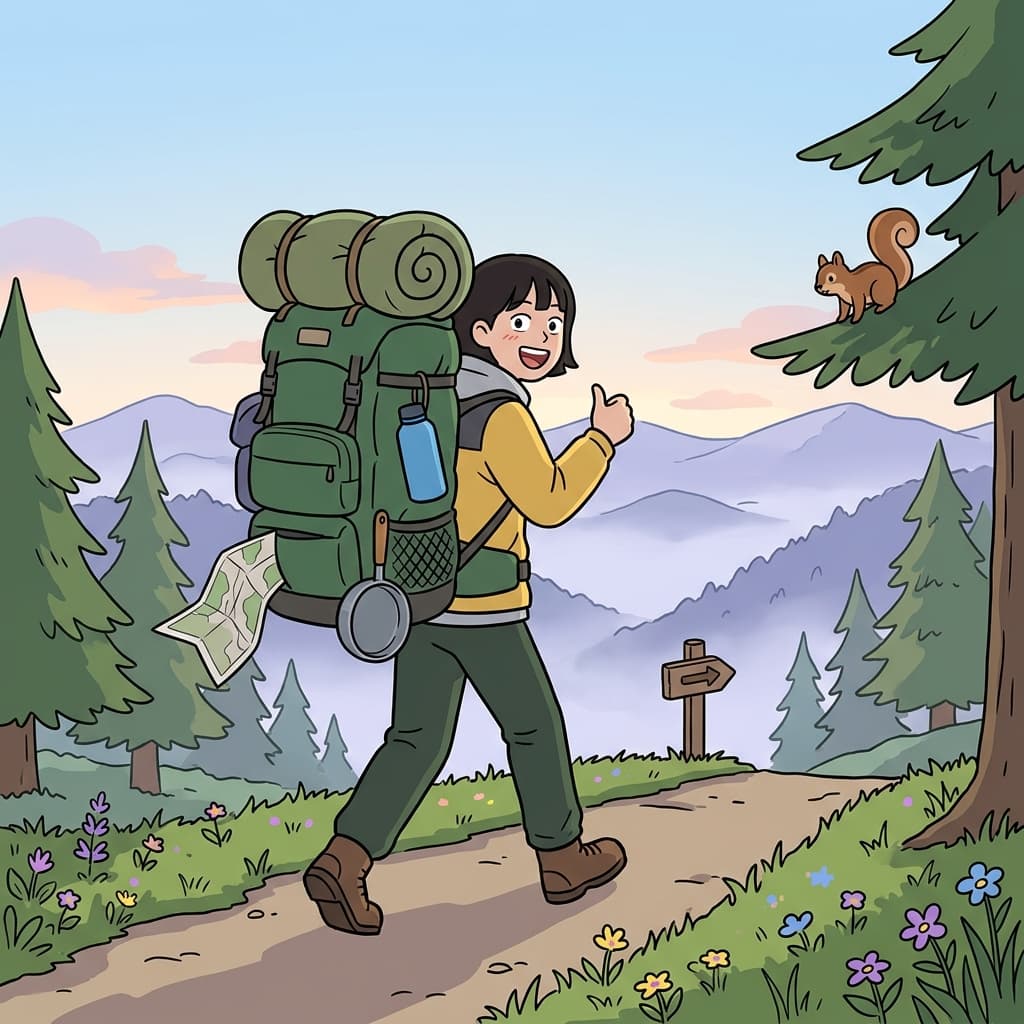 A backpacker hikes up a mountain trail with a huge pack and a wide grin.