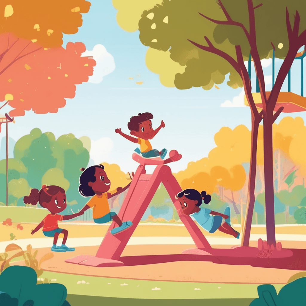 Two children achieve perfect balance on the playground seesaw