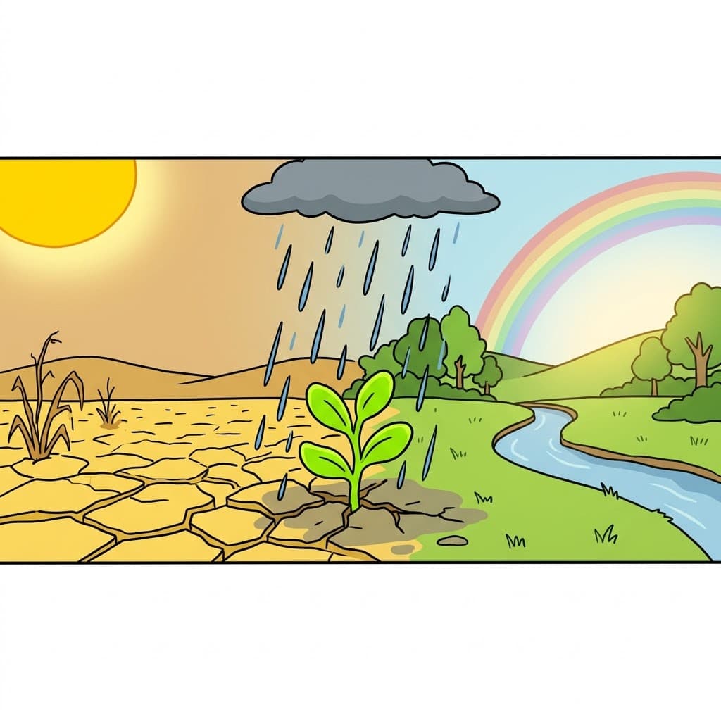 After the severe summer drought, the sudden rain caused green leaves to sprout, helping to balance out the dry ecosystem.