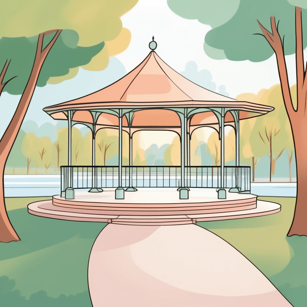 A covered platform, typically in a park or public place, where a band or orchestra performs