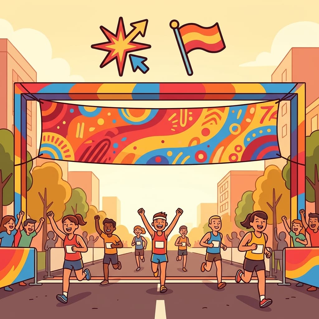 A banner welcomed the runners at the finish line. (BIG + FLAG = BANNER → a large hanging sign or flag)