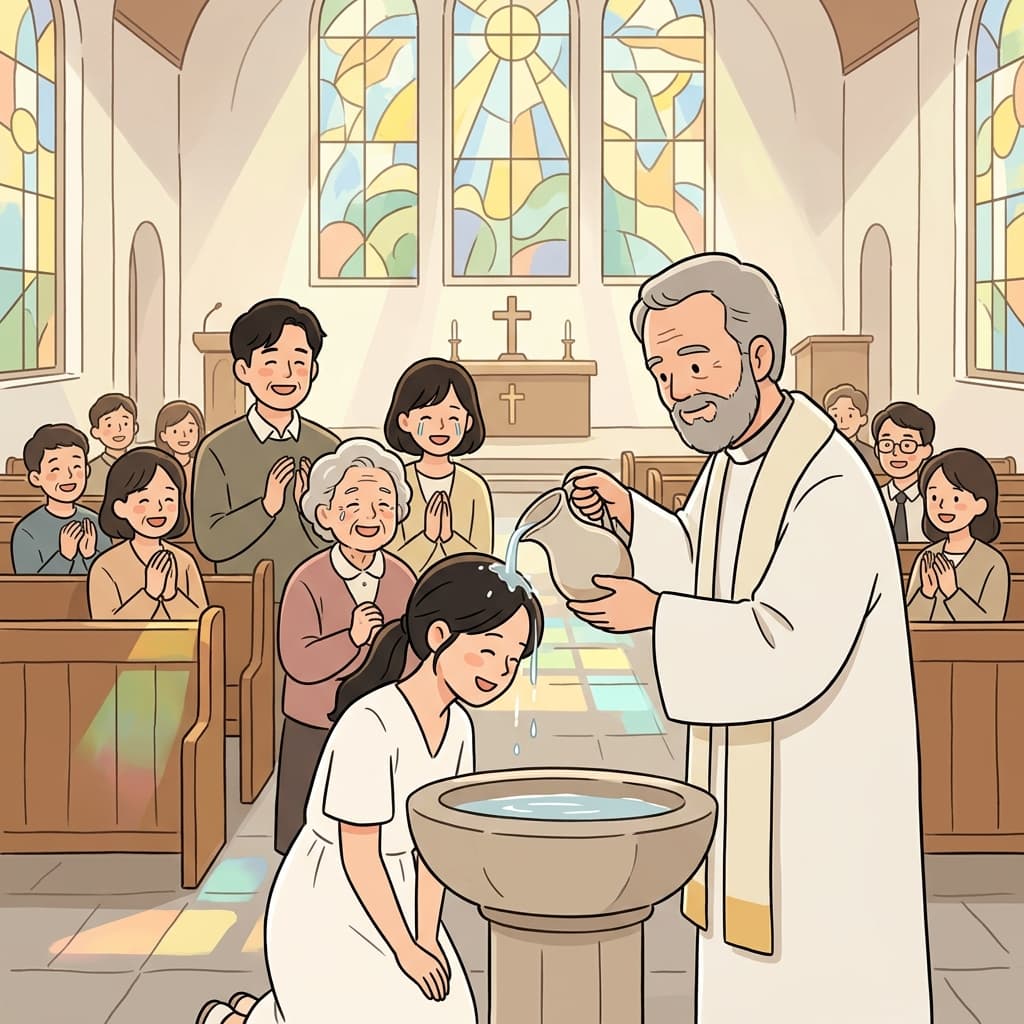 The young woman received baptism surrounded by her family and church members.