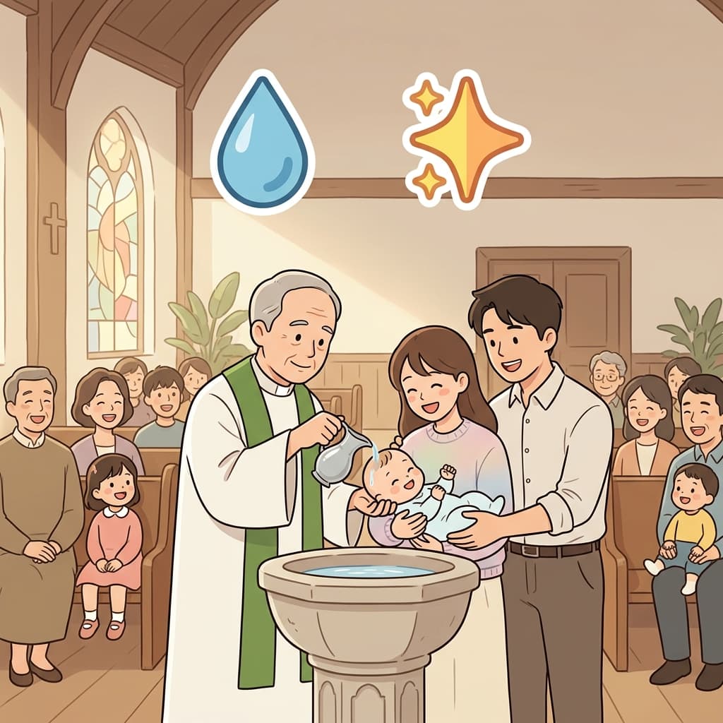 The baptism marked the beginning of her new life in faith. (💧 Water + ✨ New Beginning → Baptism = a new beginning symbolized by water.)