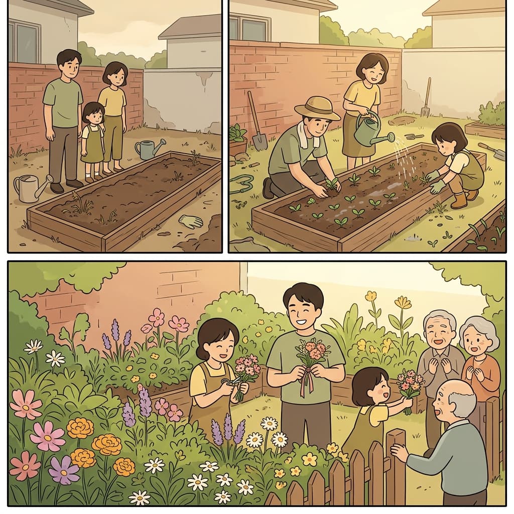 The family cared for the bare garden and shared its flowers with the neighbors.