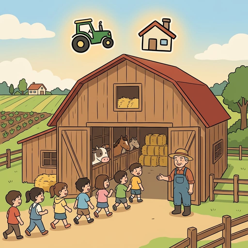 The children explored the old barn during their farm visit. (🚜 Farm + 🏠 Building → Barn)