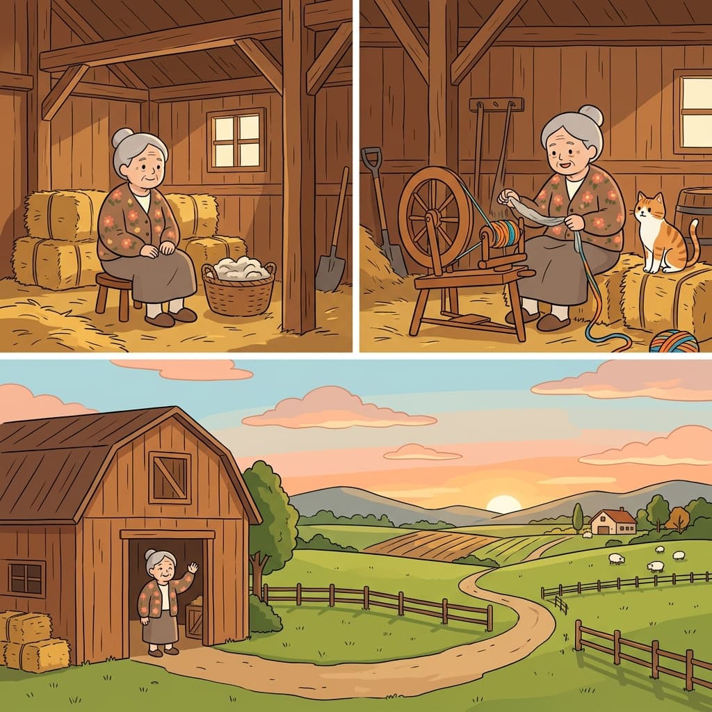 Grandma spun yarn inside the barn on the family farm.