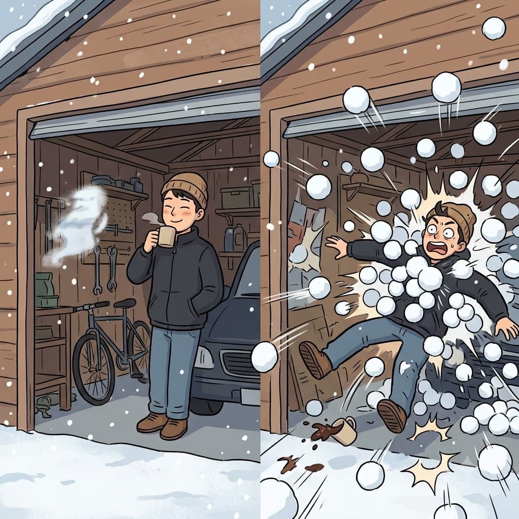 Standing safely in his garage, he thought the blurry shape was just a mirage, until he was hit by a massive snowball barrage.