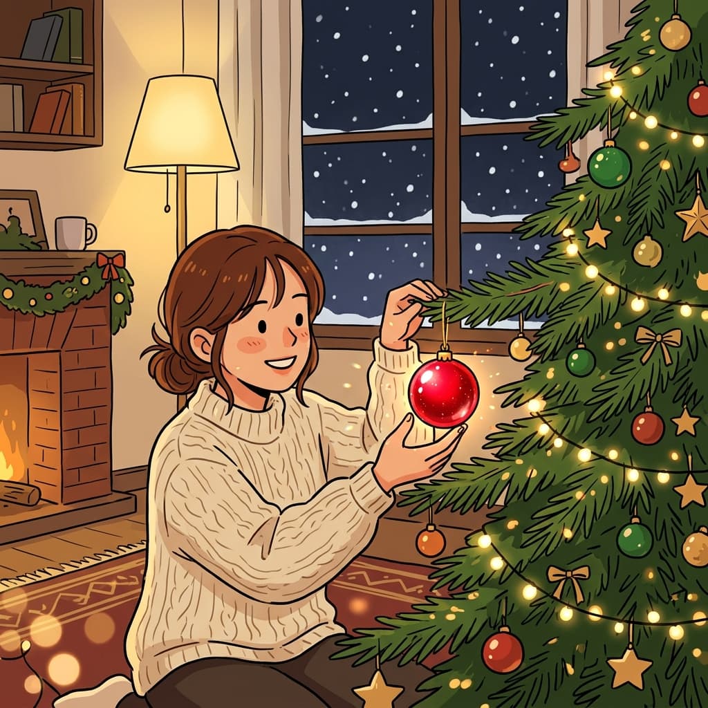 She hung a shiny bauble on the Christmas tree branch.