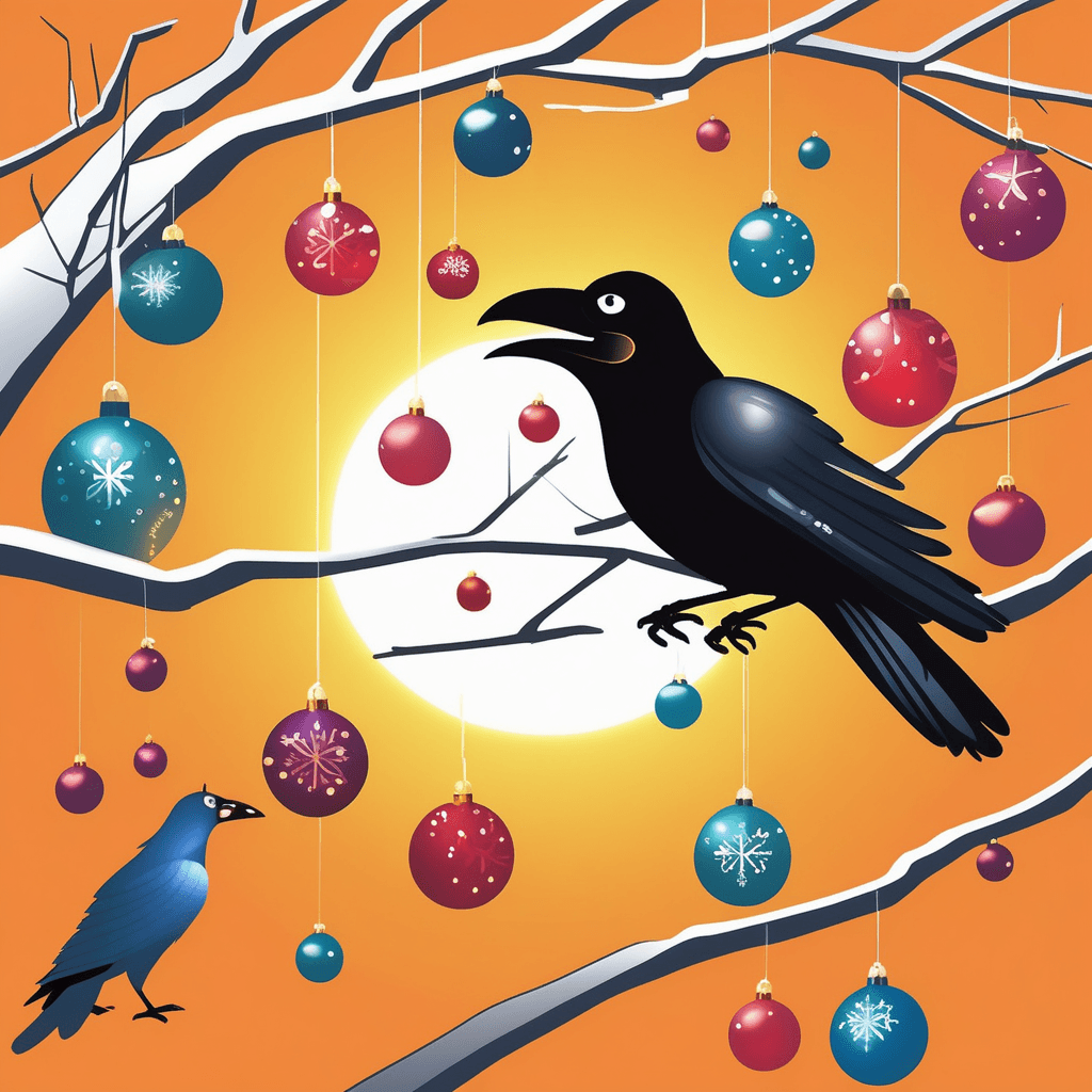 The crow tries to gobble the bauble, making the branch wobble!