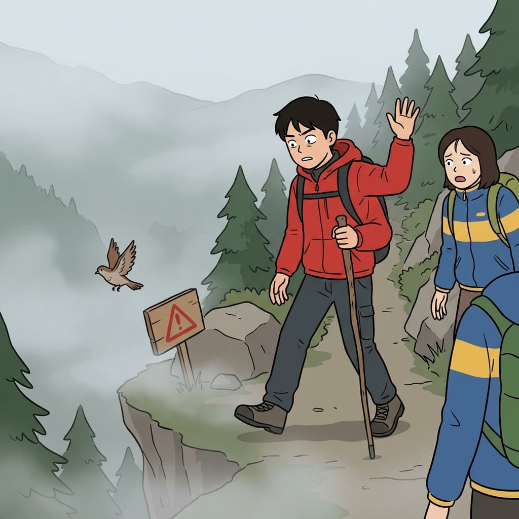Hikers must be aware of the steep cliff edge hidden beyond the foggy trail.
