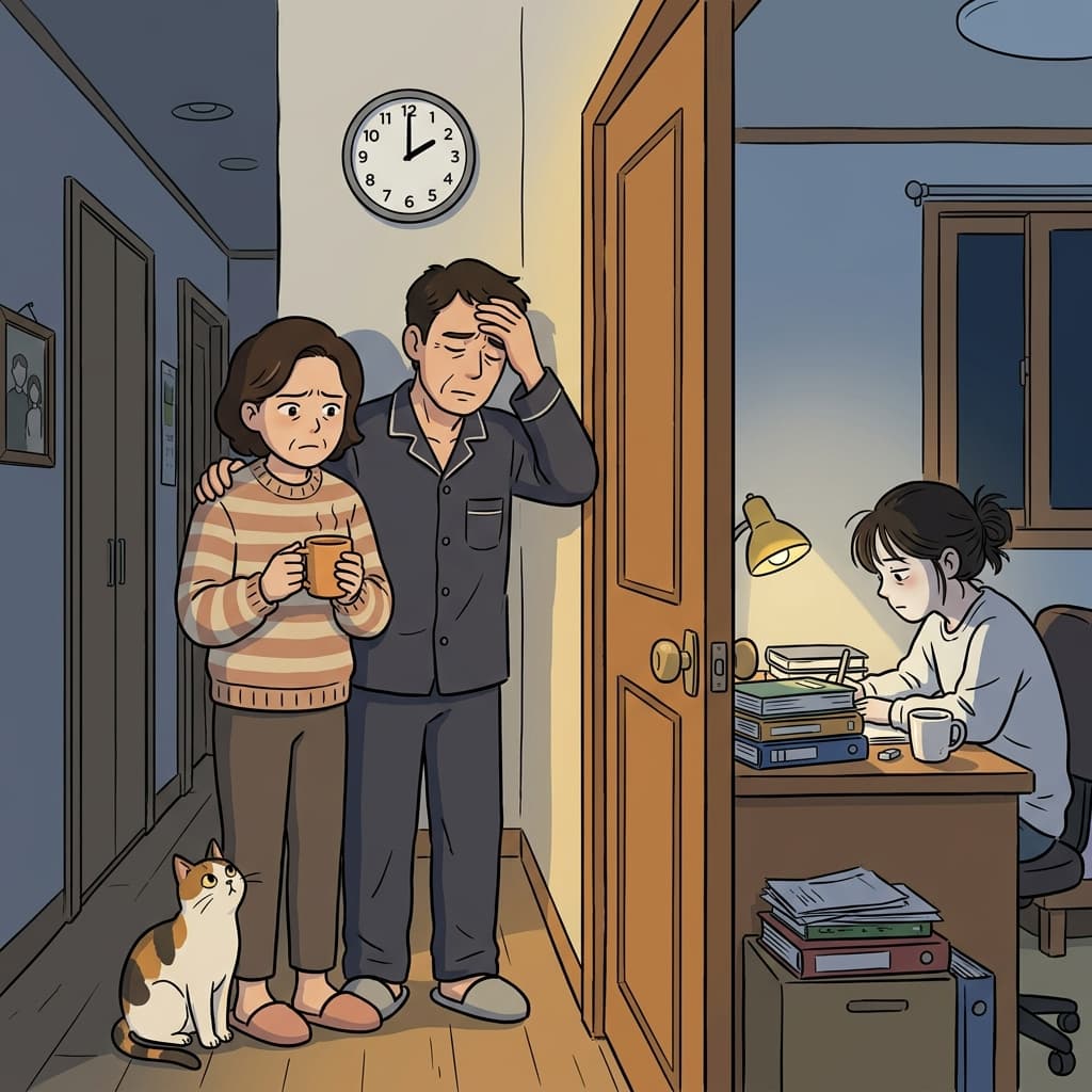 Parents are concerned about their daughter studying late every night.