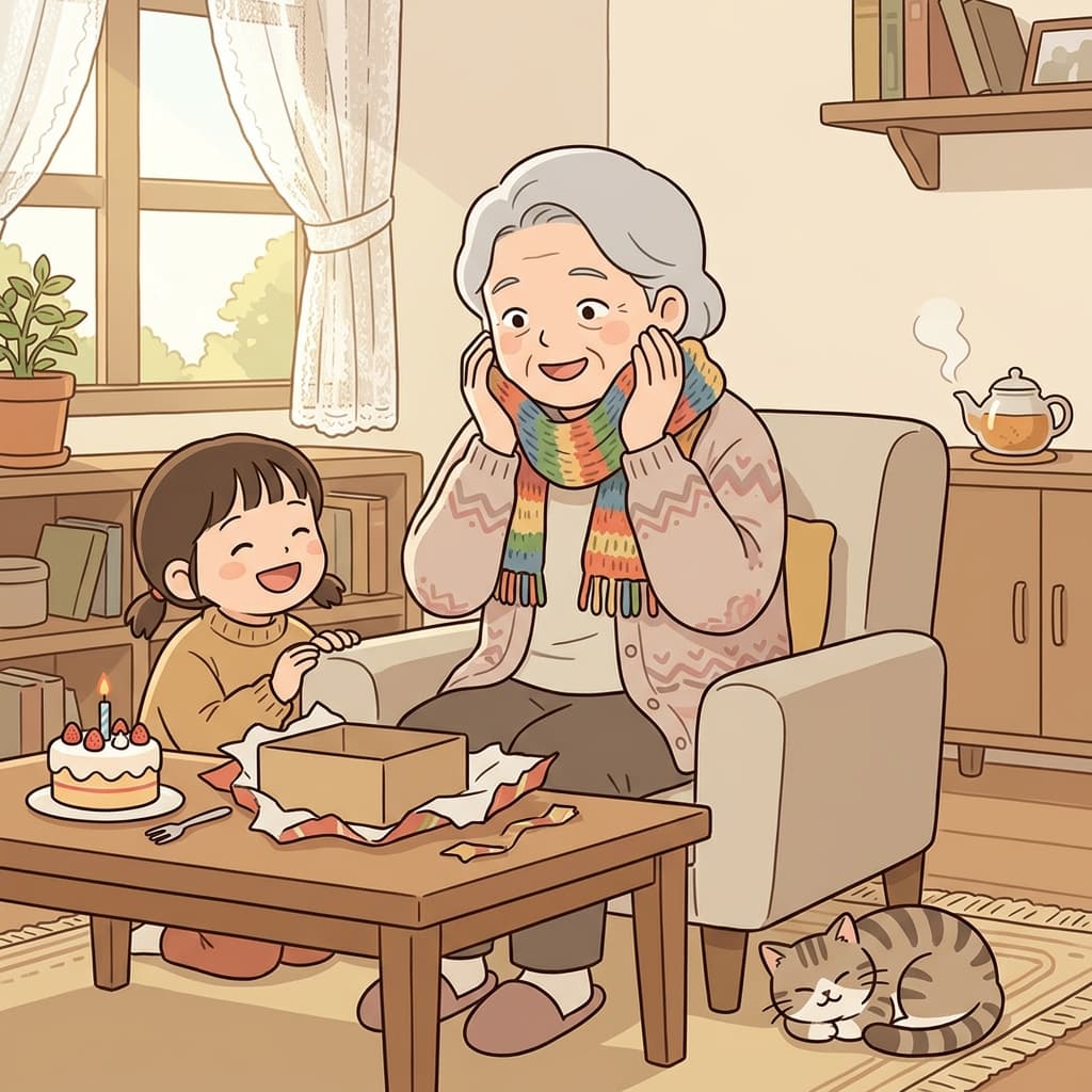 The grandmother is pleased with the handmade scarf her granddaughter knitted for her birthday.