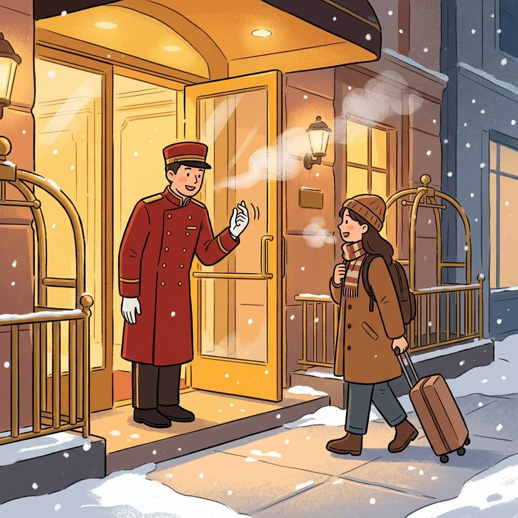 The doorman gently beckons the hesitant guest into the warm hotel lobby.