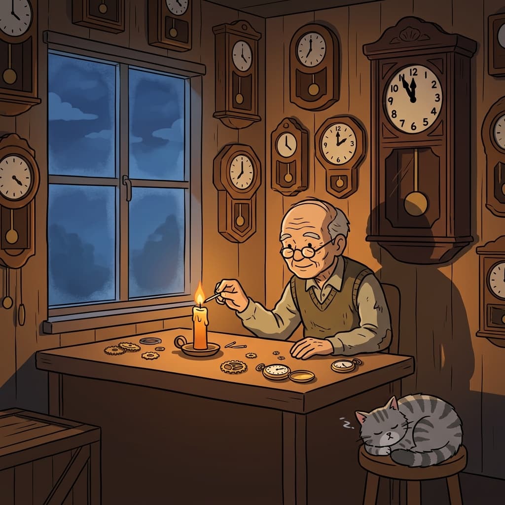 As midnight is becoming on, the old clockmaker lights one final candle in his shop.